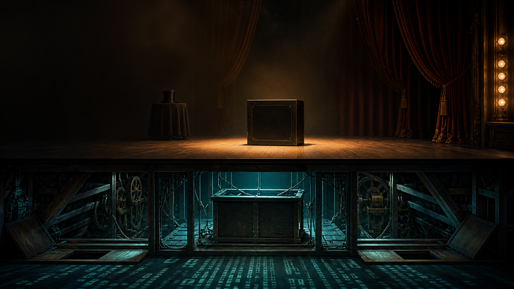 A theater stage with an empty magic box above hidden machinery and another box below the floor