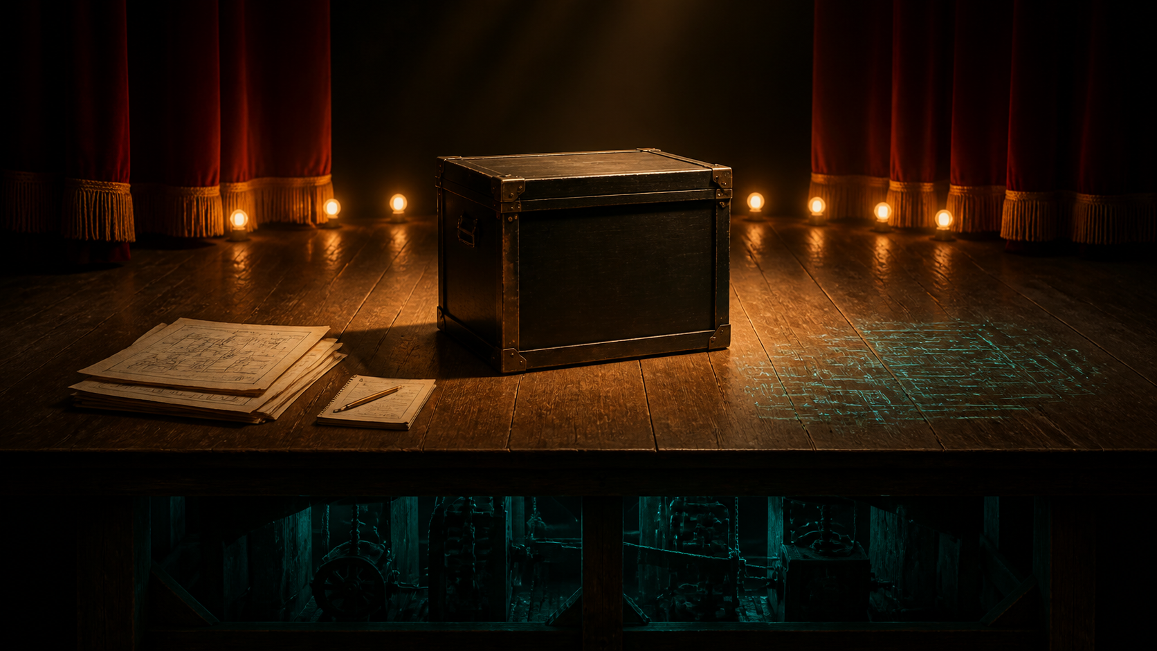 A closed magician's box on a theater stage with papers and faint code-like light nearby