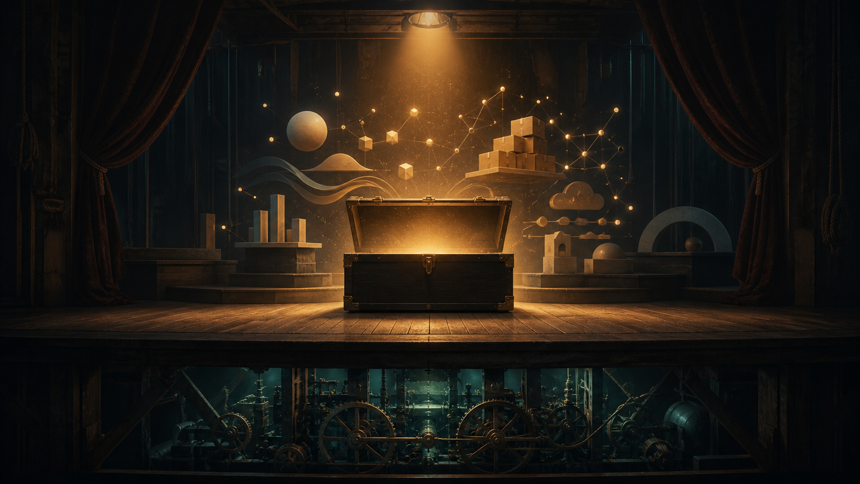 An open magic box on a theater stage releasing warm light and abstract symbols of useful outcomes