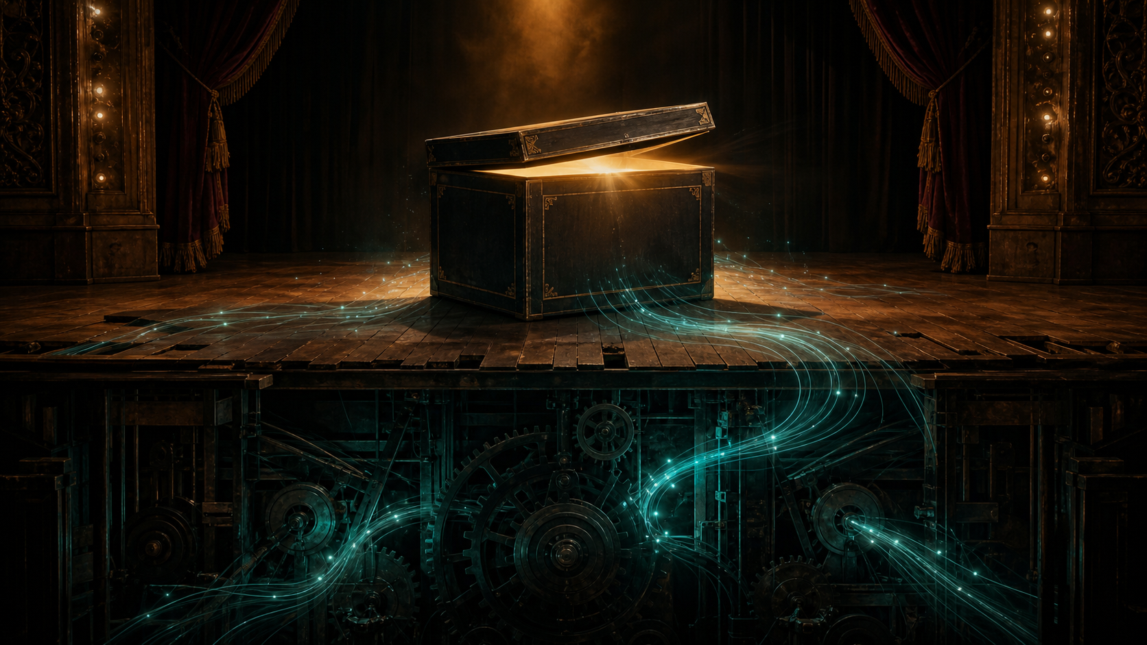 An open magic box on a theater stage with teal light flowing from hidden machinery below